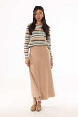 Tan Knit Flare Midi Skirt
