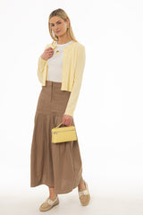 Tan Linen Feel Pleated Stretch Maxi Skirt
