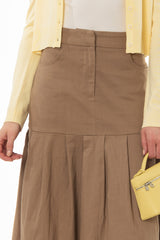 Tan Linen Feel Pleated Stretch Maxi Skirt