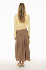 Tan Linen Feel Pleated Stretch Maxi Skirt