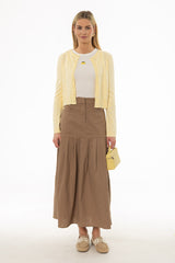 Tan Linen Feel Pleated Stretch Maxi Skirt