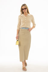 Tan Pinstripe Trim Denim Maxi Skirt
