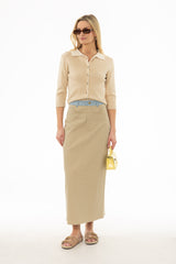 Tan Pinstripe Trim Denim Maxi Skirt