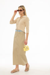 Tan Pinstripe Trim Denim Maxi Skirt