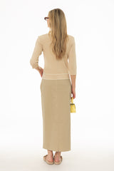 Tan Pinstripe Trim Denim Maxi Skirt