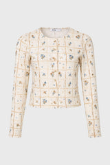 Tan Pointelle Printed Knit Cardigan