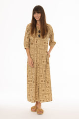 Tan Printed Button Down Maxi Dress