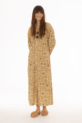 Tan Printed Button Down Maxi Dress