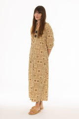 Tan Printed Button Down Maxi Dress