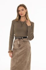 Tan Ribbed Shoulder Detail Sleeve Top