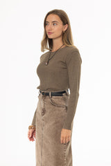 Tan Ribbed Shoulder Detail Sleeve Top