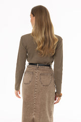 Tan Ribbed Shoulder Detail Sleeve Top