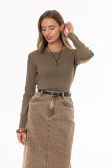 Tan Ribbed Shoulder Detail Sleeve Top