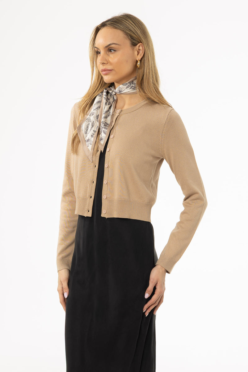 Tan Round Neck Knit Cardigan