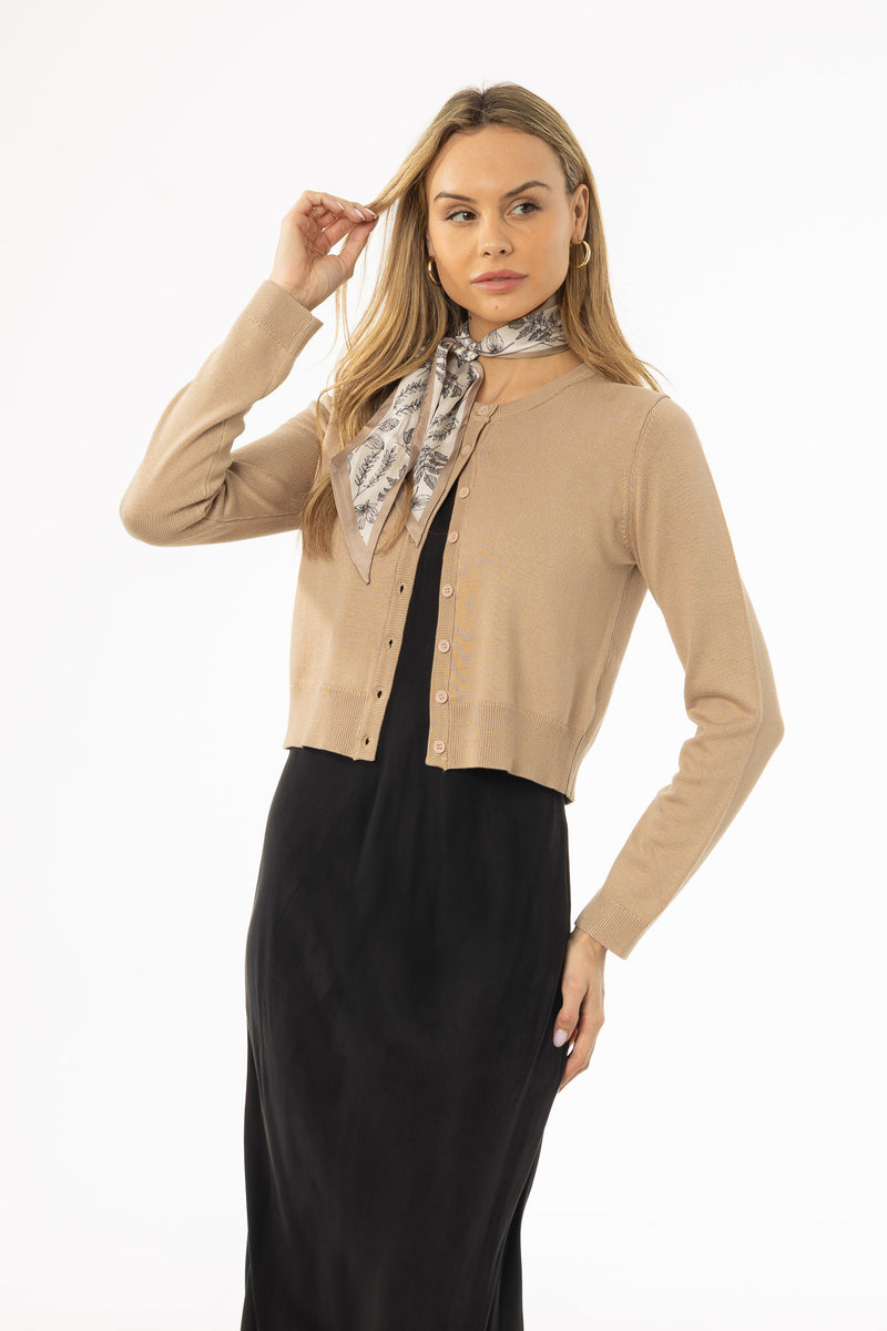 Tan Round Neck Knit Cardigan