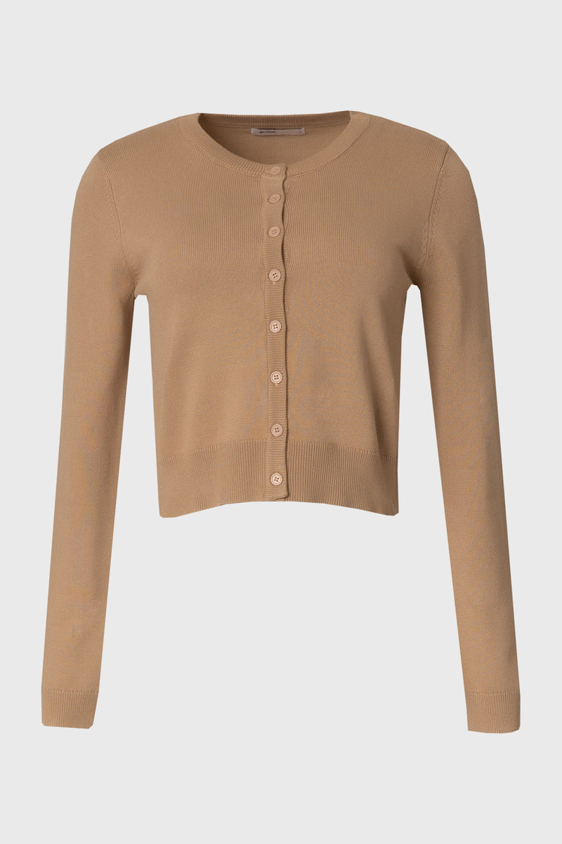 Tan Round Neck Knit Cardigan
