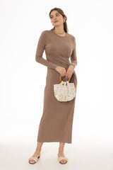 Tan Side Ruched Maxi Dress