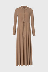 Tan Slinky Button Tie Maxi Dress