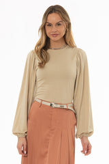 Tan Sparkle Puff Sleeve Top