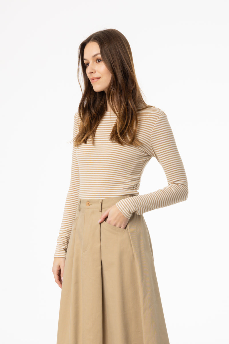 Tan Striped Long Sleeve T-Shirt