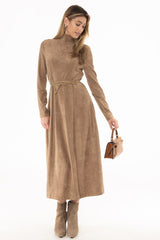 Tan Suede Seam Detail Flare Maxi Dress