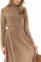 Tan Suede Seam Detail Flare Maxi Dress