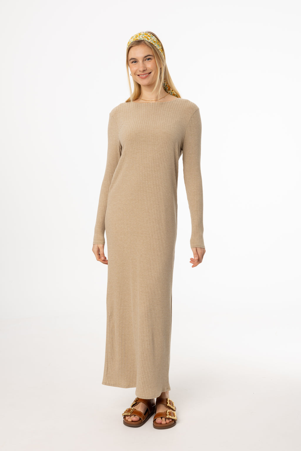 Tan Wide Ribbed Basic Maxi Dress BLANK Tan Wide Ribbed Basic Maxi Dress BLANK