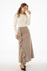 Taupe Ruffle Wool Maxi Skirt