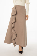 Taupe Ruffle Wool Maxi Skirt