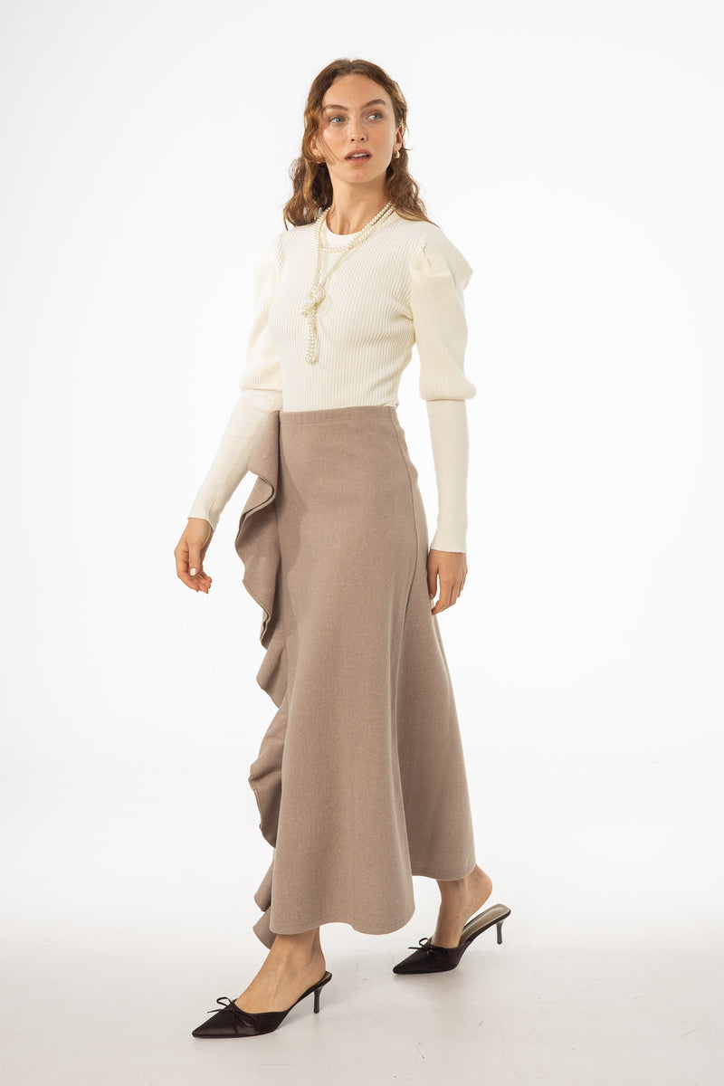 Taupe Ruffle Wool Maxi Skirt