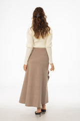 Taupe Ruffle Wool Maxi Skirt