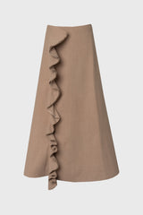 Taupe Ruffle Wool Maxi Skirt