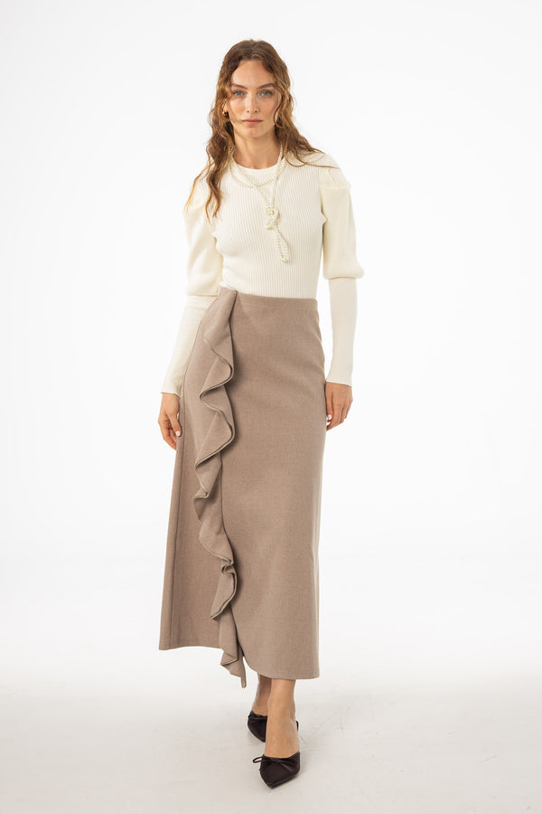 Taupe Ruffle Wool Maxi Skirt