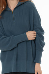 Teal Ribbed Knit Quarter Zip Sweater