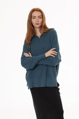 Teal Ribbed Knit Quarter Zip Sweater