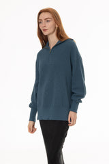 Teal Ribbed Knit Quarter Zip Sweater