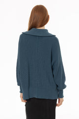 Teal Ribbed Knit Quarter Zip Sweater