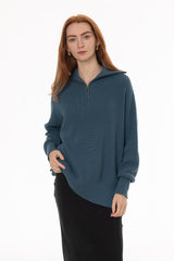 Teal Ribbed Knit Quarter Zip Sweater