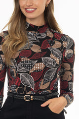 Textured Leaf Printed Mock Neck Top