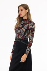 Textured Leaf Printed Mock Neck Top