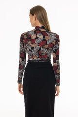 Textured Leaf Printed Mock Neck Top