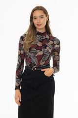 Textured Leaf Printed Mock Neck Top