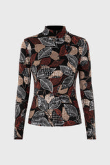 Textured Leaf Printed Mock Neck Top