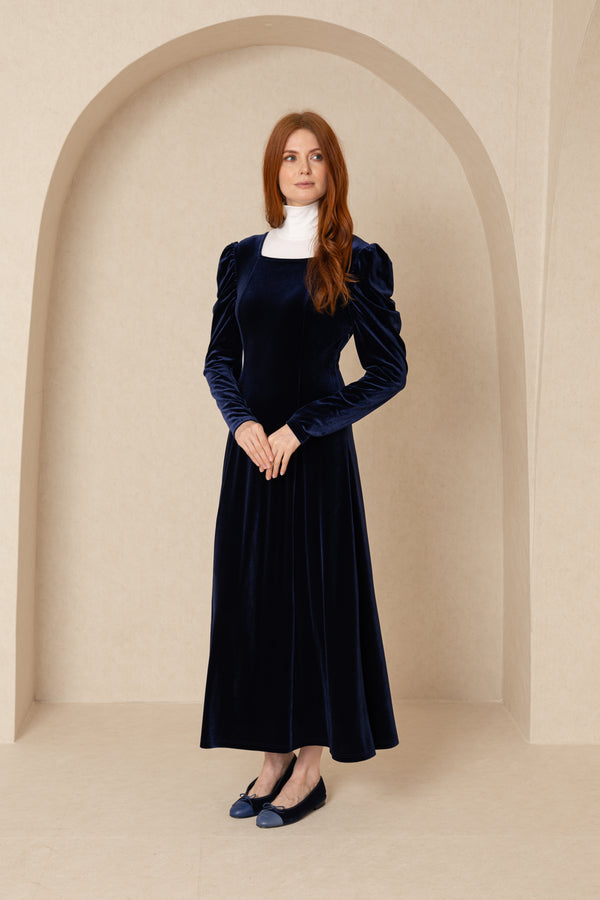 Navy Velvet Square Neck Dress