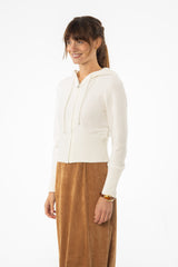 White Zipper Knit Hoodie