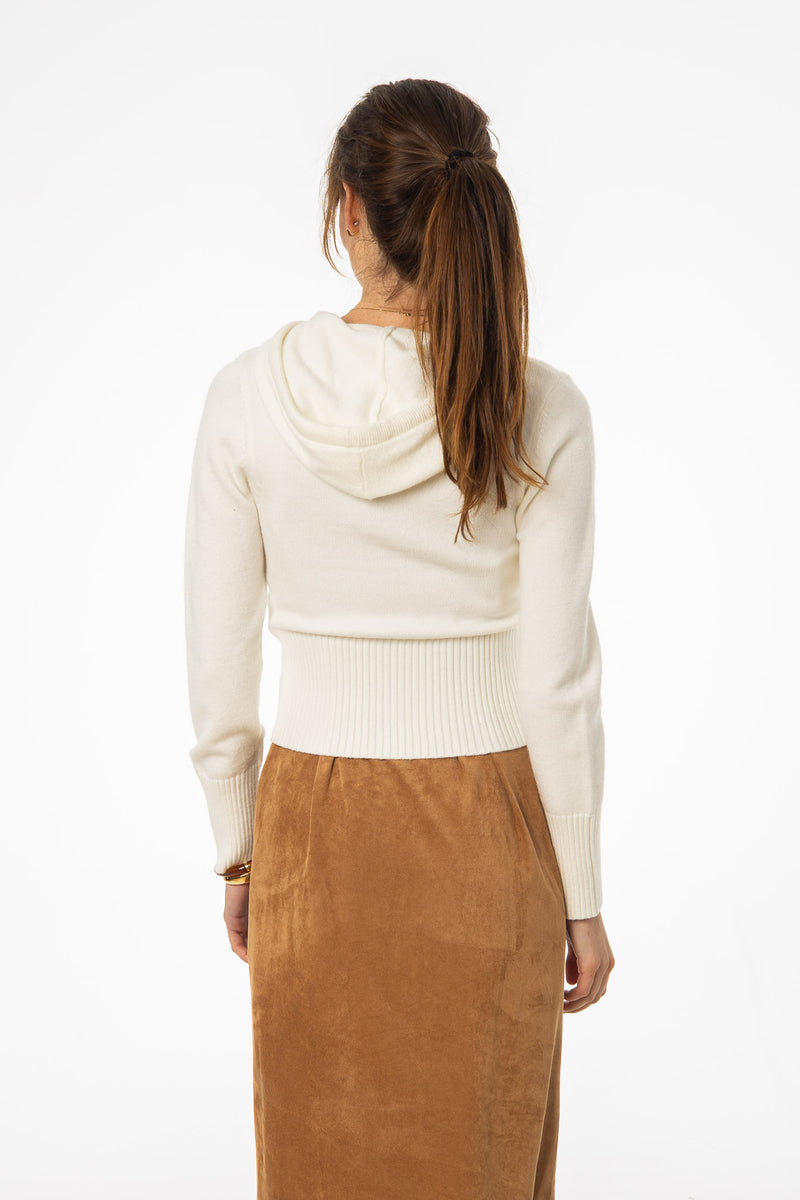 White Zipper Knit Hoodie