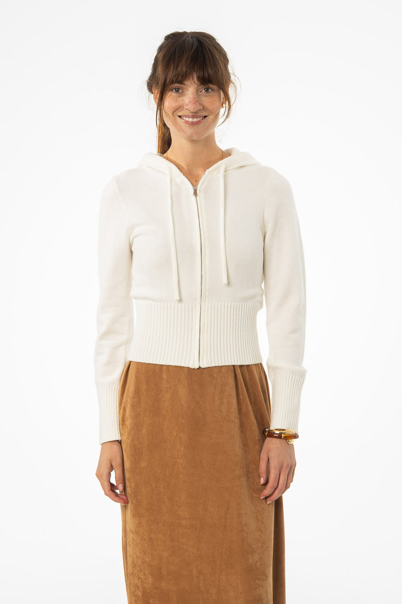 White Zipper Knit Hoodie