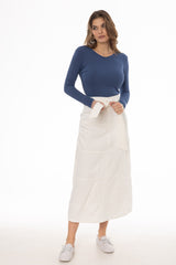 White Denim Belted A-Line Maxi Skirt