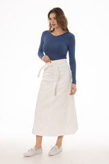 White Denim Belted A-Line Maxi Skirt