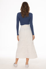 White Denim Belted A-Line Maxi Skirt